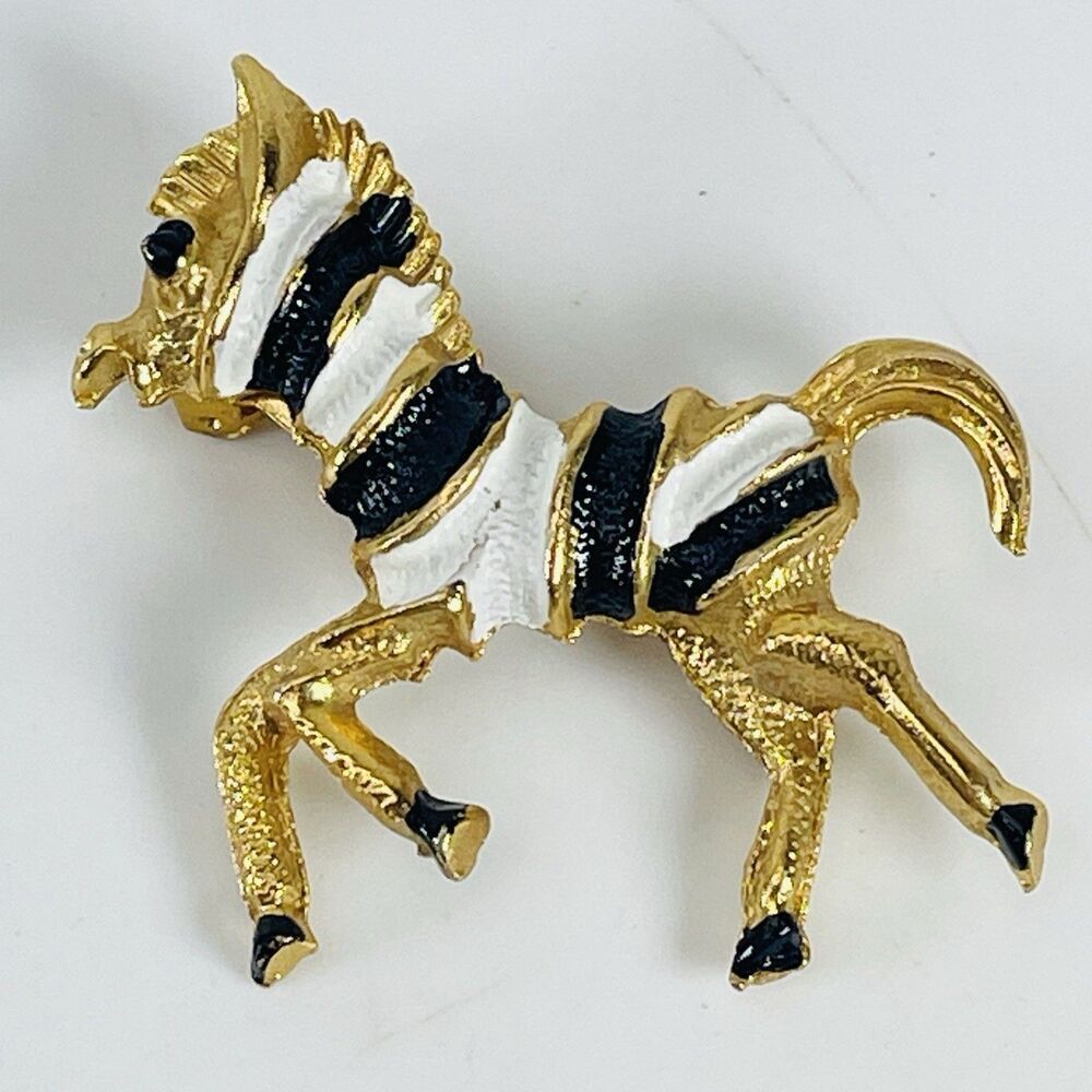 VTG Unbranded Zebra Brooch Pin Gold Tone Black White Stripes Enamel Animal 1.5"
